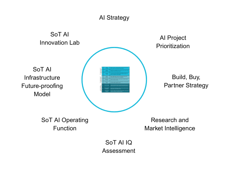 Diagram showing the SoT AI Enterprise Reference Model as the central foundation for eight interconnected capabilities: AI strategy, AI project prioritisation, build-buy-partner strategy, research and market intelligence, AI IQ assessment, SoT AI Operating Function, SoT AI Innovation Lab, and SoT AI advisory services