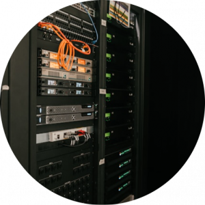 Server rack infrastructure representing the Foundation Zone of the SoT AI Enterprise Reference Model -- the compute and infrastructure layer that every AI capability depends on